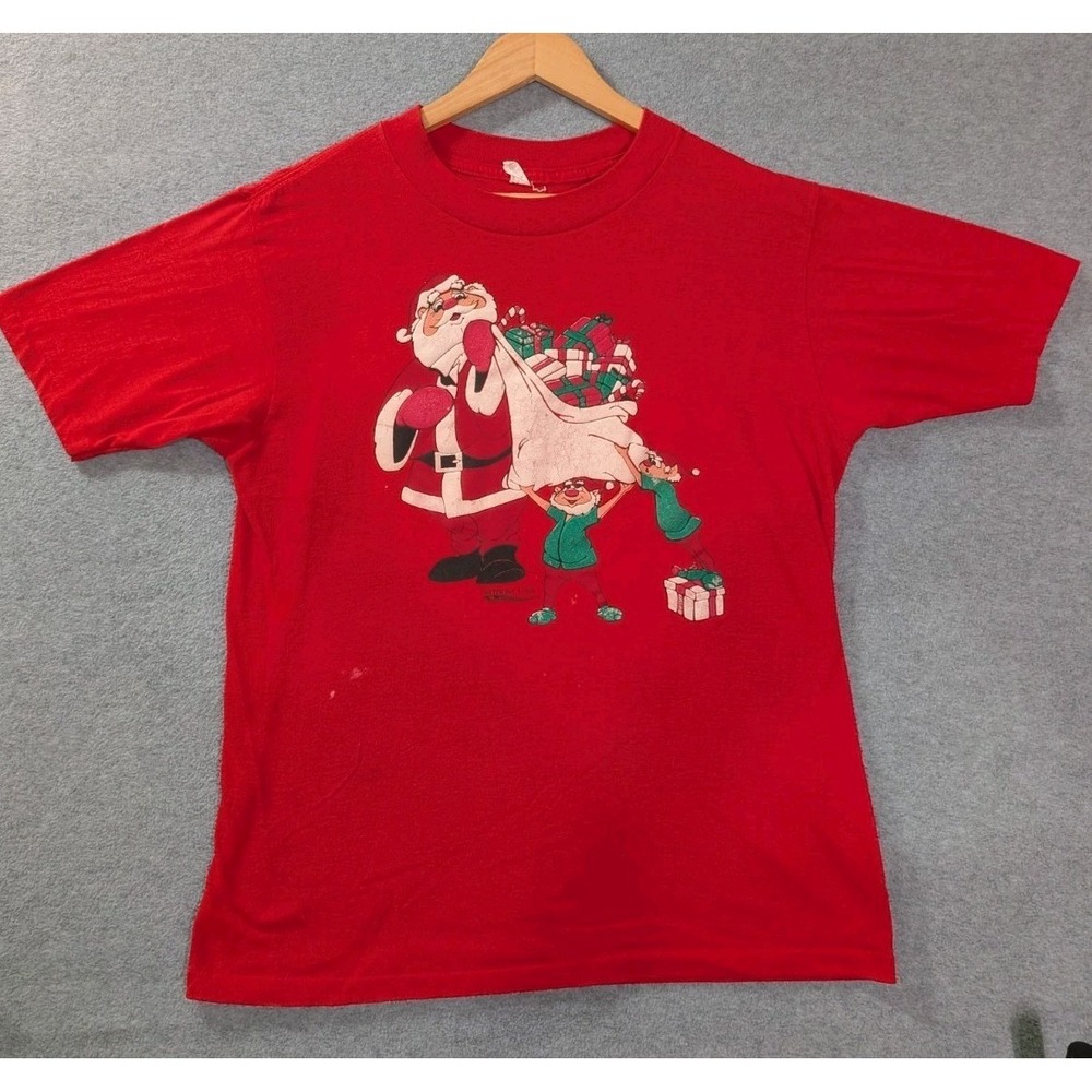 Vintage 90s Santa‎ Christmas T Shirt Large Red Single Stitch Made USA Graphic